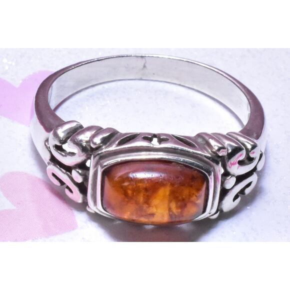 VTG Sterling Silver Amber Gemstone Damask Floral Motif Ring Approximate Size 9 - Picture 15 of 16